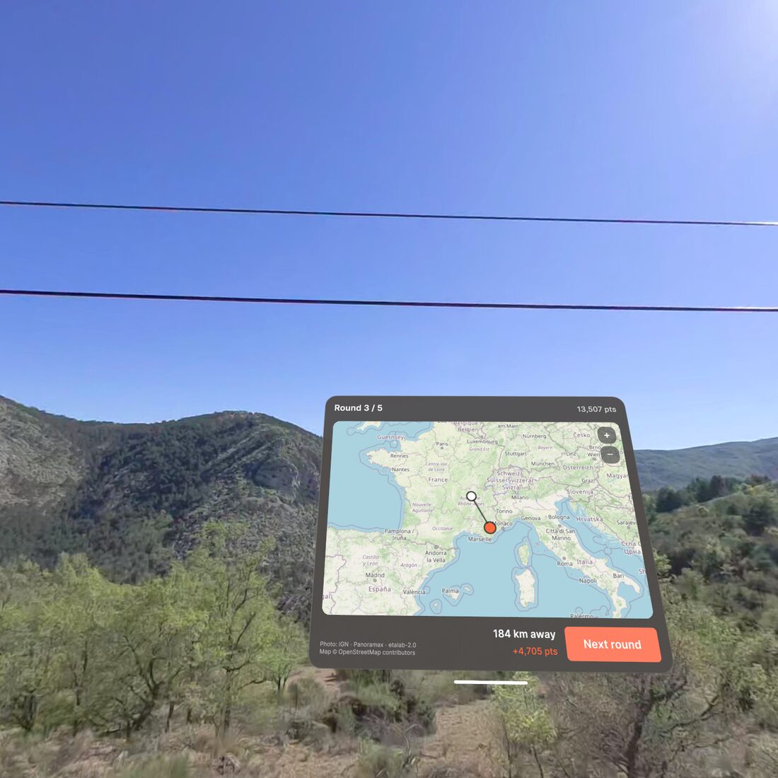 The Dropped map tablet showing a guess near Lyon and the real location in the Gorges du Verdon, 184 km apart.